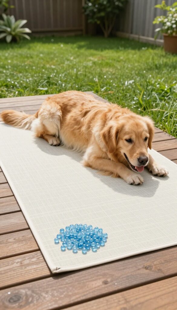 Dog lying on a DIY cooling mat with gel beads on a sunny deck