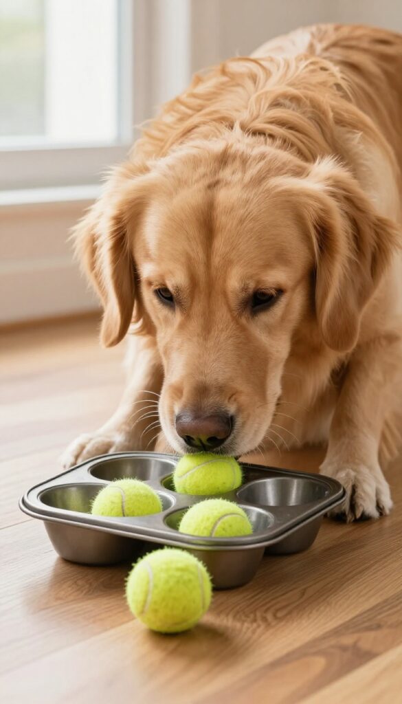 Golden retriever playing muffin tin game with tennis balls and treats