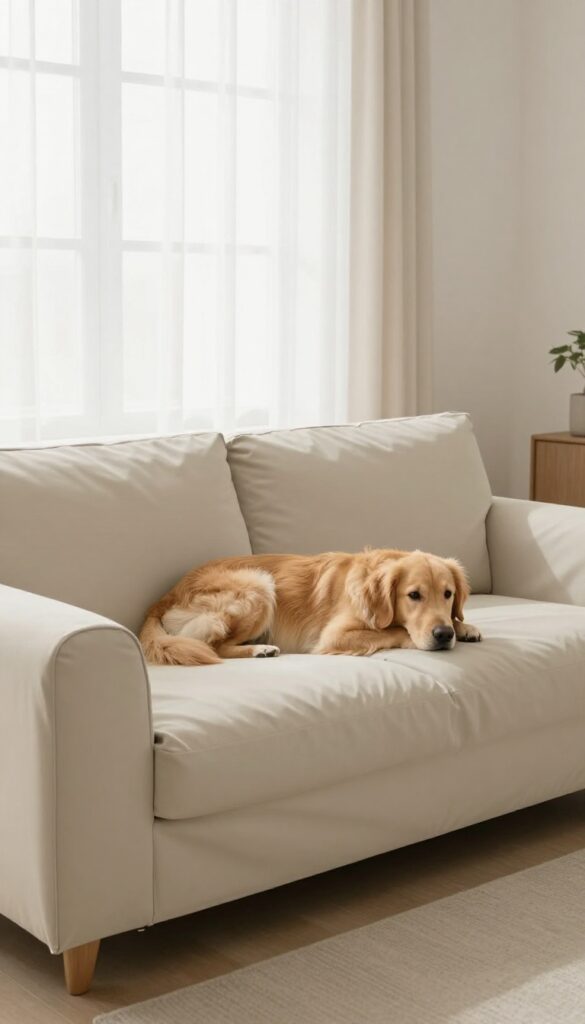 Dog resting on slip-resistant furniture cover on beige sofa in bright living room