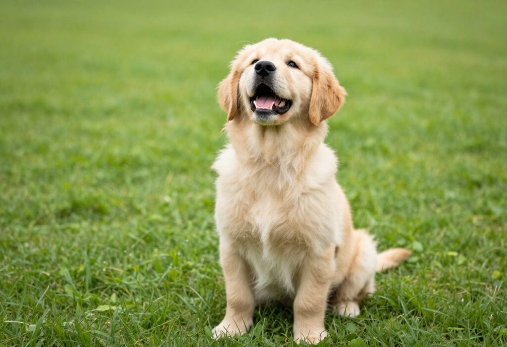 Happy golden retriever puppy sitting on grass, looking up playfully
