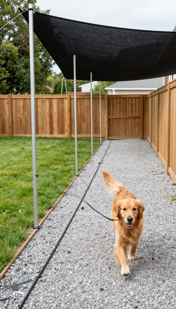 Dog run along fence line in narrow side yard with gravel, shade sail, and leash runner