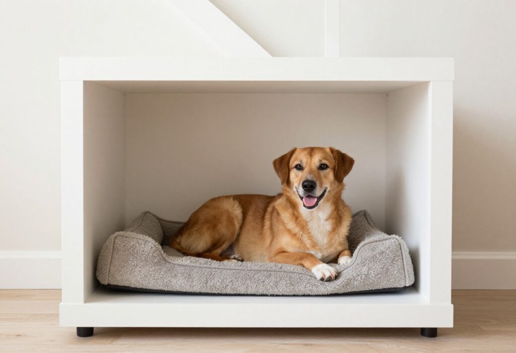 Cozy built-in dog kennel under stairs with dog bed and resting dog