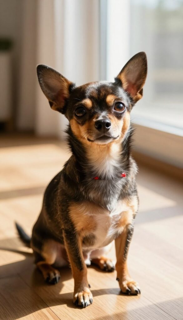 Small dog with big personality sitting on sunlit floor
