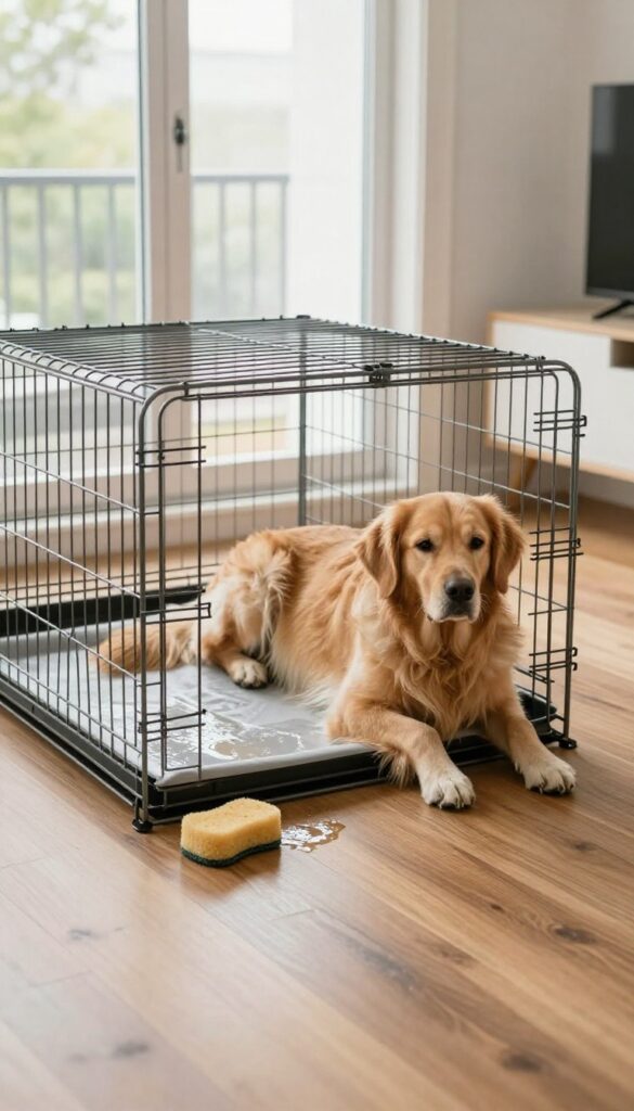 Dog crate with removable tray pulled out for cleaning, sponge on tray, dog resting inside, bright living room