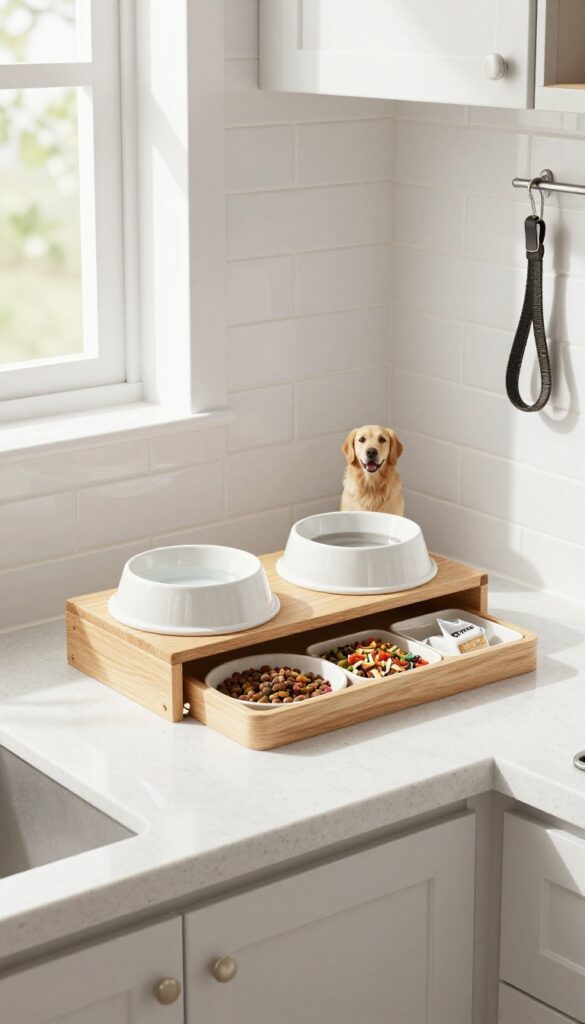 Built-in feeding station with raised bowls and storage drawer in a bright kitchen