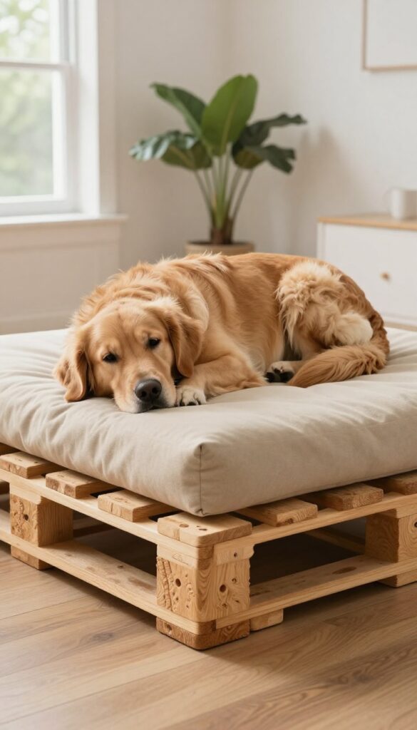 Classic platform pallet dog bed with memory foam cushion, large Golden Retriever resting, bright living room setting.