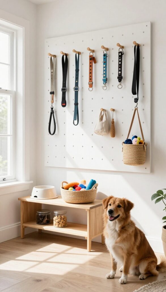 Pegboard wall organizing dog leashes, collars, and toys in a bright entryway with a small dog