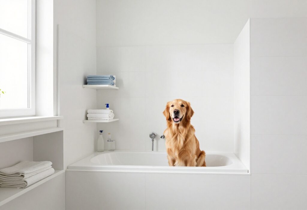 Bright laundry room with built-in dog bath station and golden retriever