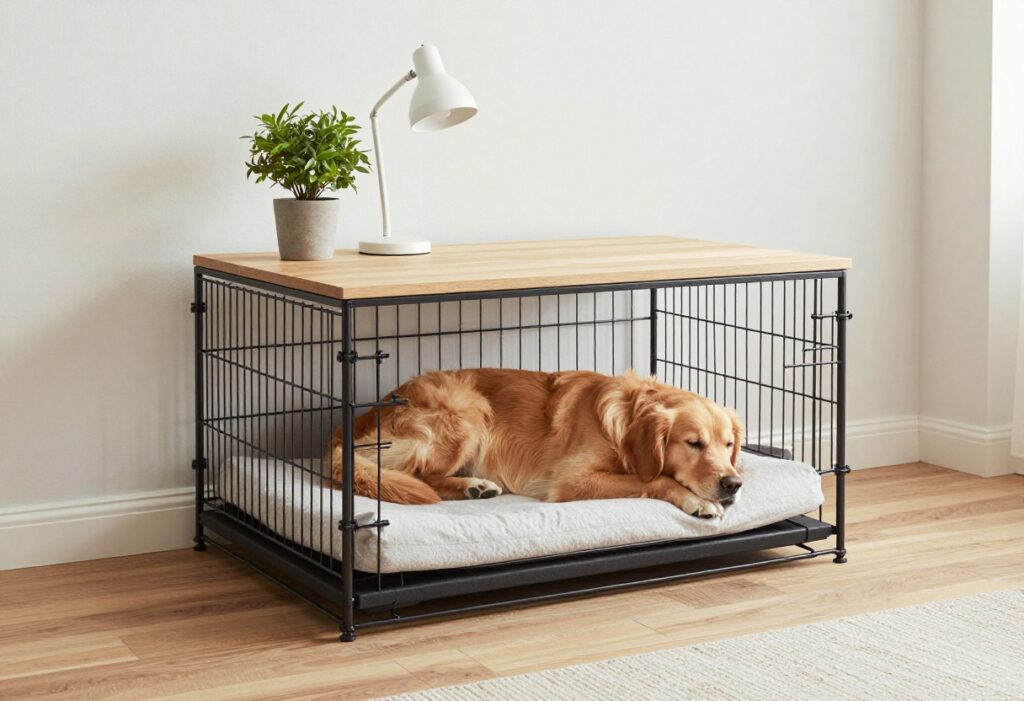 Large furniture-style dog crate in a clean living room with a Golden Retriever resting inside.