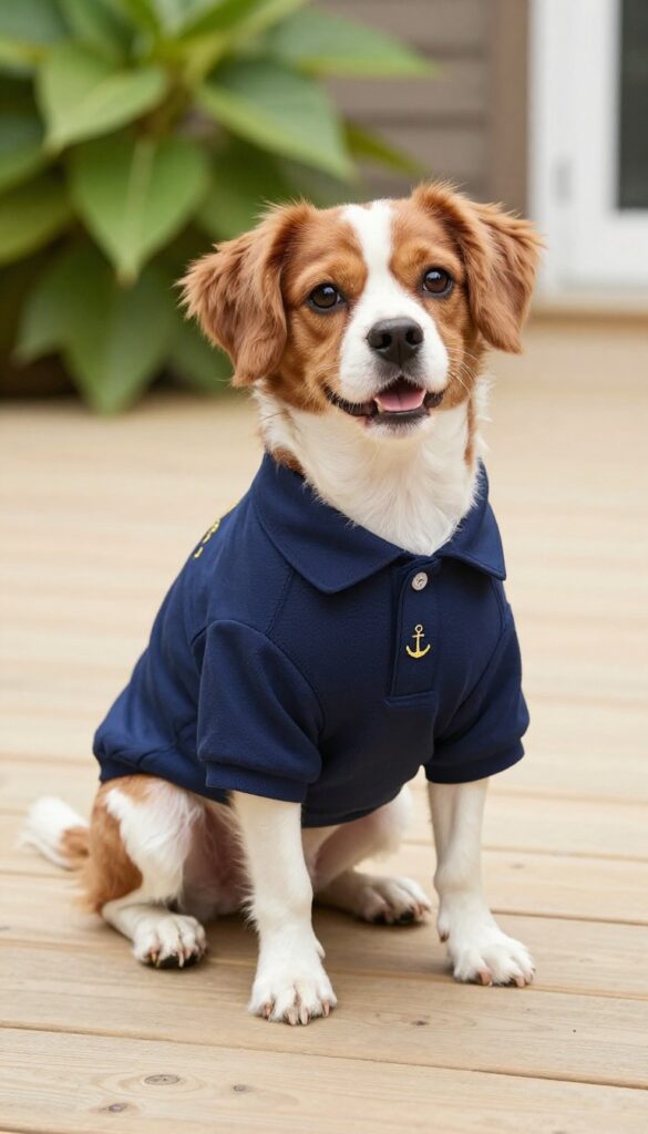 A small dog wearing a navy blue embroidered polo shirt sitting on a sunny wooden deck.