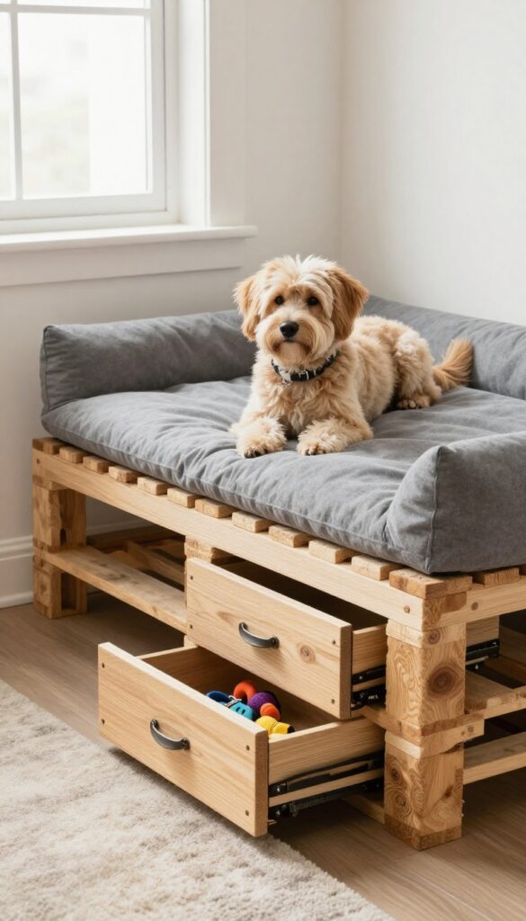 DIY pallet dog bed with roll-out storage drawers in a cozy living room, dog resting on cushion, natural light.