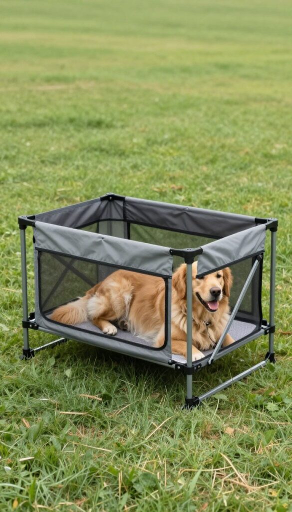 Portable folding dog kennel in backyard with golden retriever inside