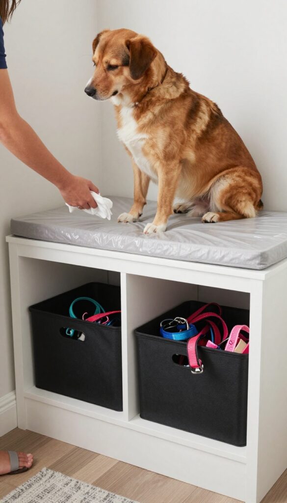 Mudroom-style bench with storage bins in a laundry room