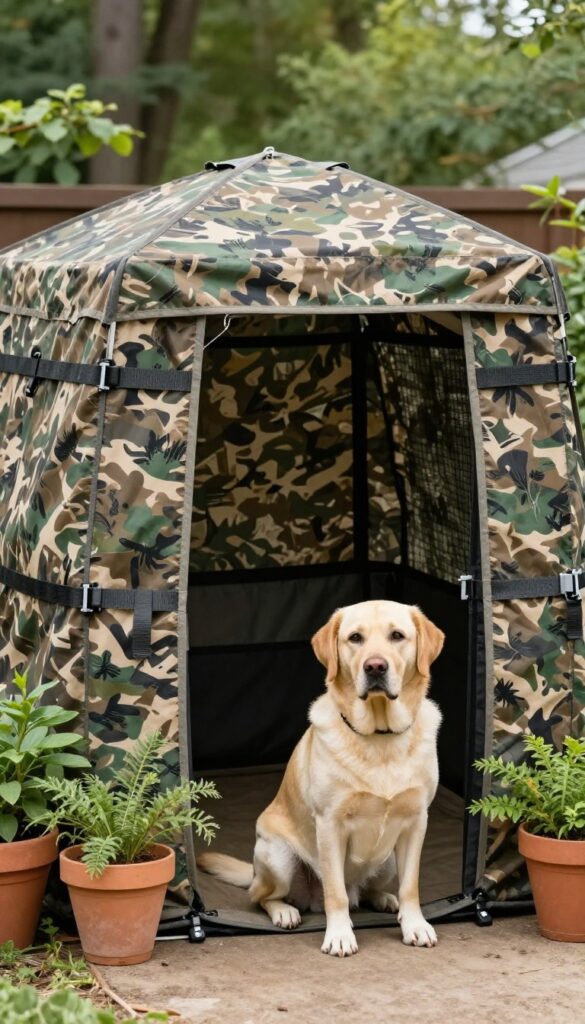 Dog kennel with camouflage cover blending into backyard, Labrador beside it, natural outdoor setting.