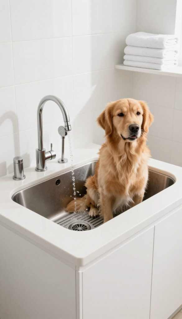 Converted countertop dog washing station in a bright laundry room with recessed basin and gooseneck faucet
