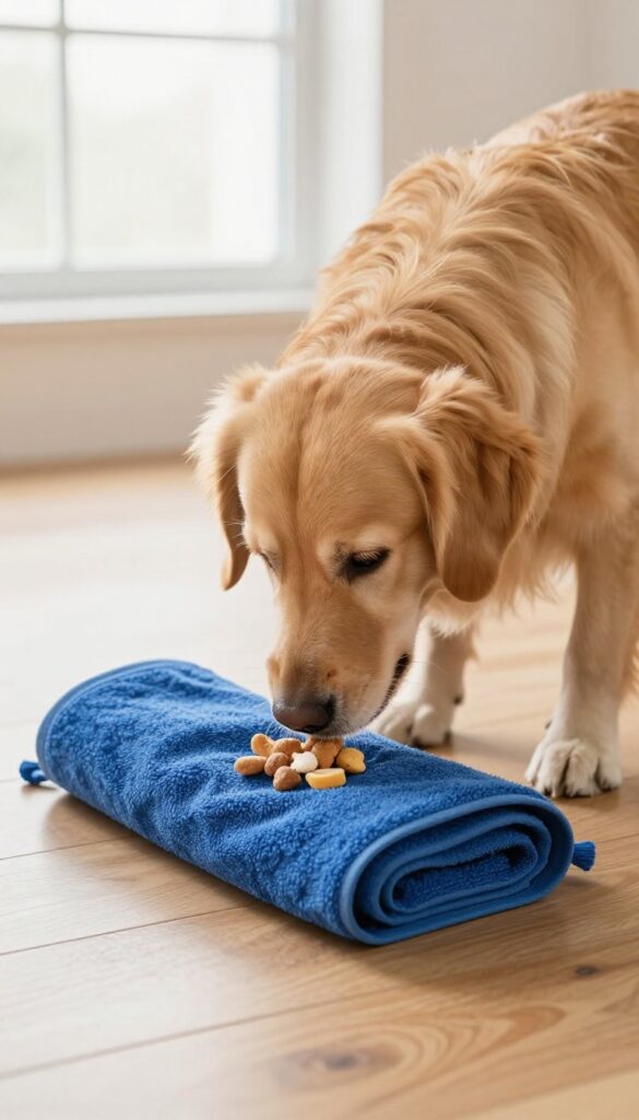 A dog using a towel snuffle mat to find hidden treats, engaging its natural foraging instincts.