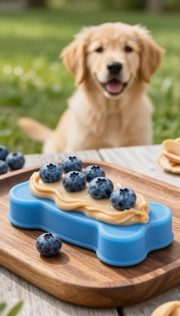 A golden retriever puppy looking at a bone-shaped frozen treat in a silicone mold on a wooden tray in a sunny backyard.
