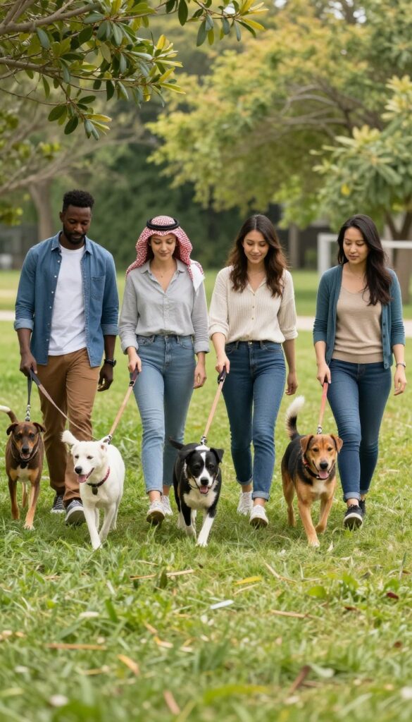 Group of dogs and owners on a sniffari walk in a sunny park, dogs sniffing grass and bushes