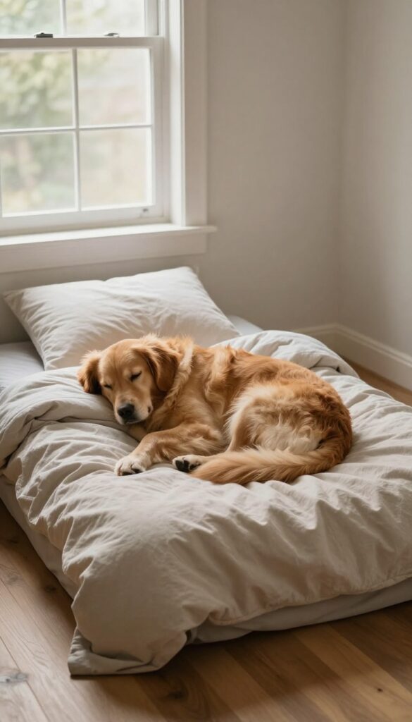 A quiet zone with soft blankets and pillows where a sleepy golden retriever rests peacefully, ideal for shy or tired dogs at a party.