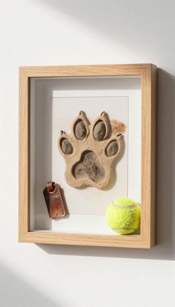 Shadow box frame containing a dog paw print, collar tag, and tennis ball on a white wall