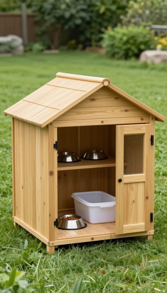 Dog kennel shed with built-in feeding station, stainless steel bowls, and food storage