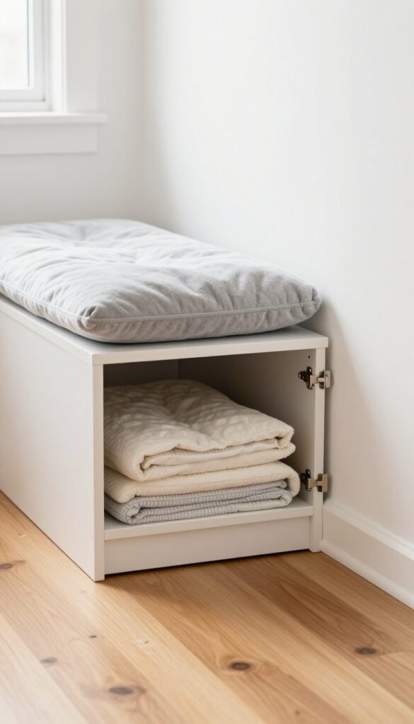 Cozy dog bed alcove under stairs with cushion hiding storage for blankets and leashes