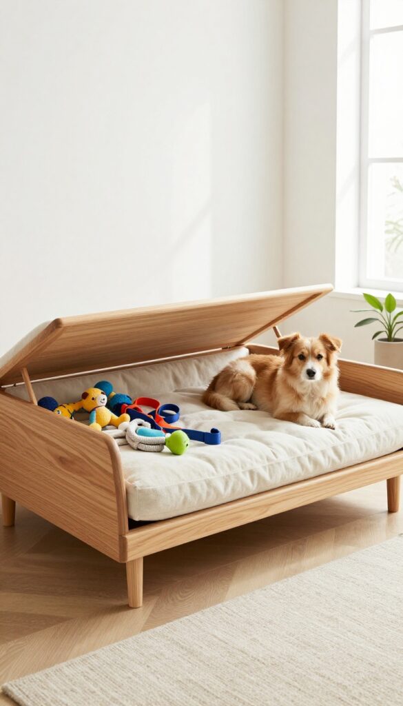 Multi-purpose dog bed with built-in storage in a bright living room, showing hidden storage inside and a dog resting on top.
