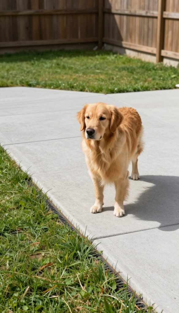 Concrete paver pad for dog potty area with a dog standing on it, surrounded by grass and a wooden fence