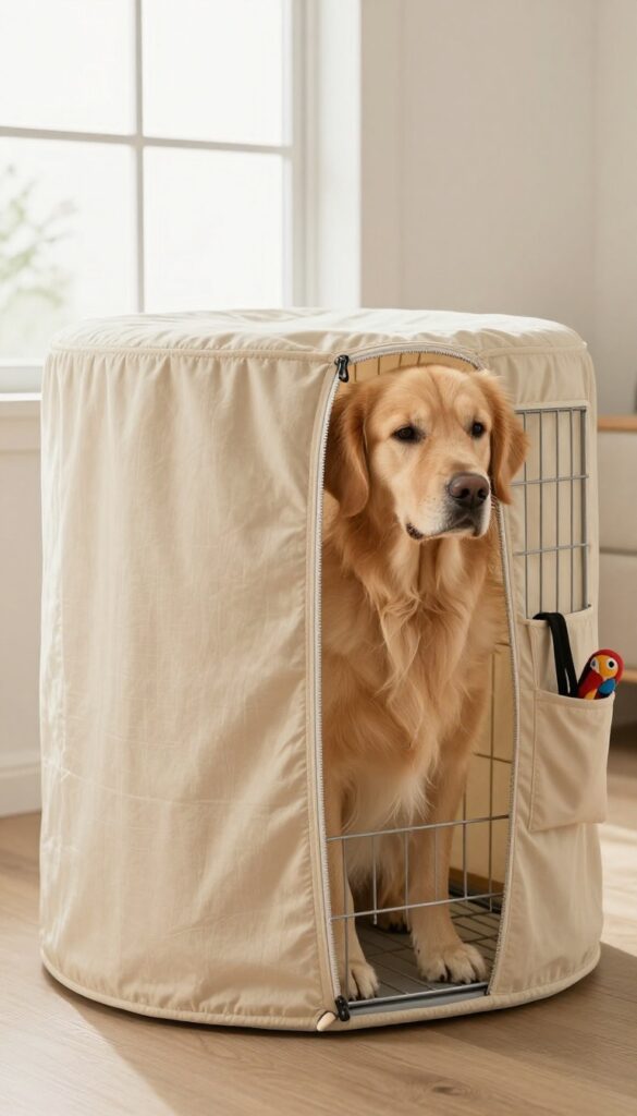 A wire dog crate with a custom fabric cover and side pockets in a bright living room, a golden retriever resting inside.