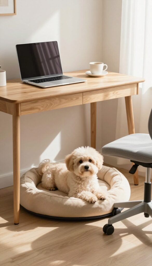 Small dog resting on a bed under a wooden desk in a bright home office
