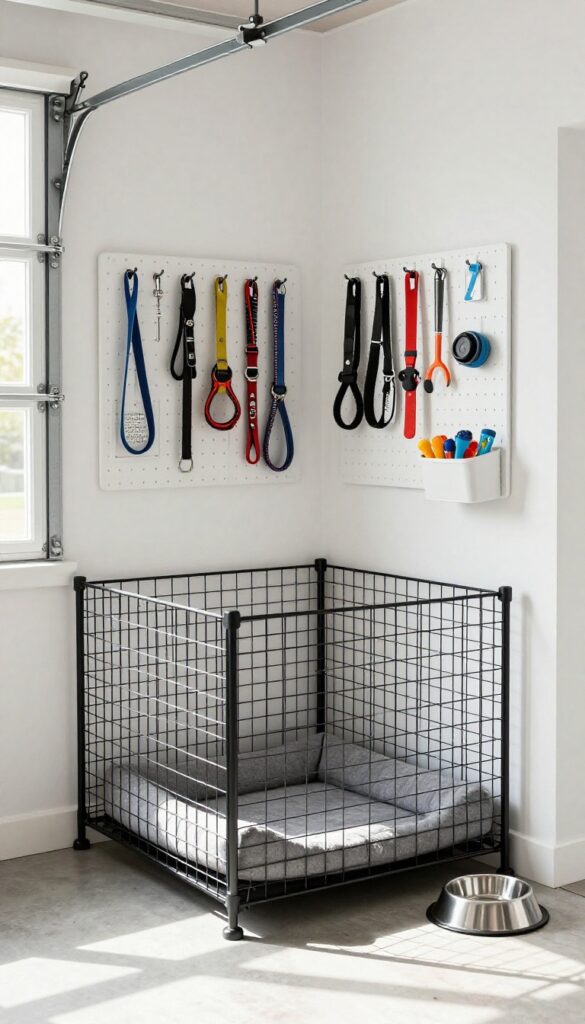 Corner dog kennel with pegboard wall storage in a garage, featuring organized leashes and collars, soft bed, and natural light.