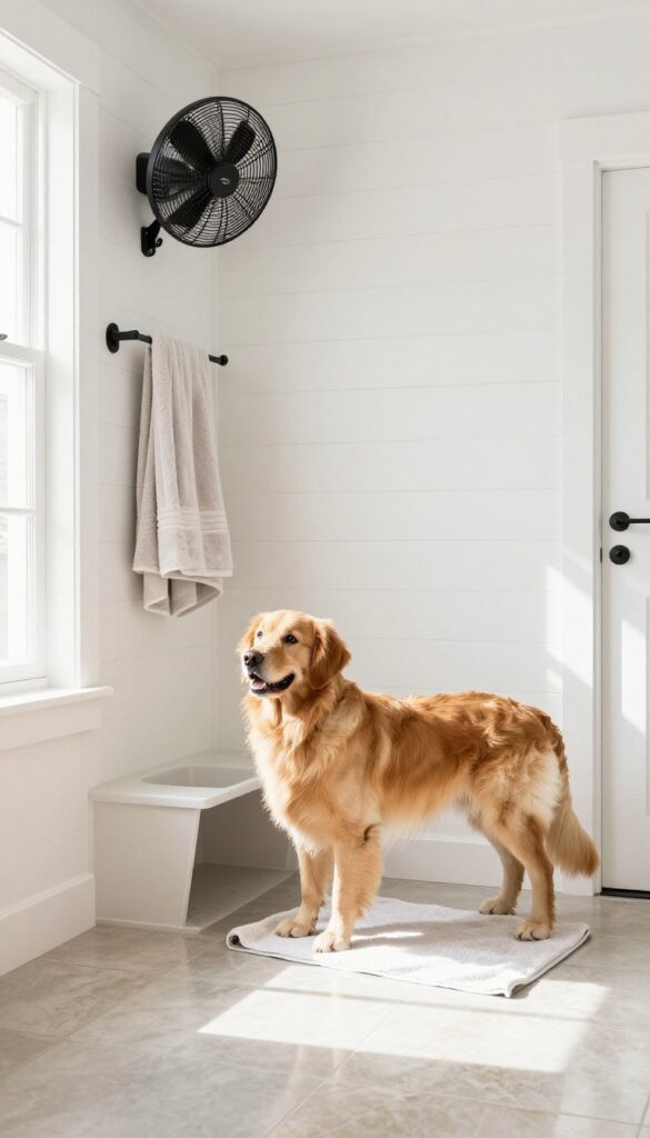 Dog drying station with wall-mounted fan in mudroom