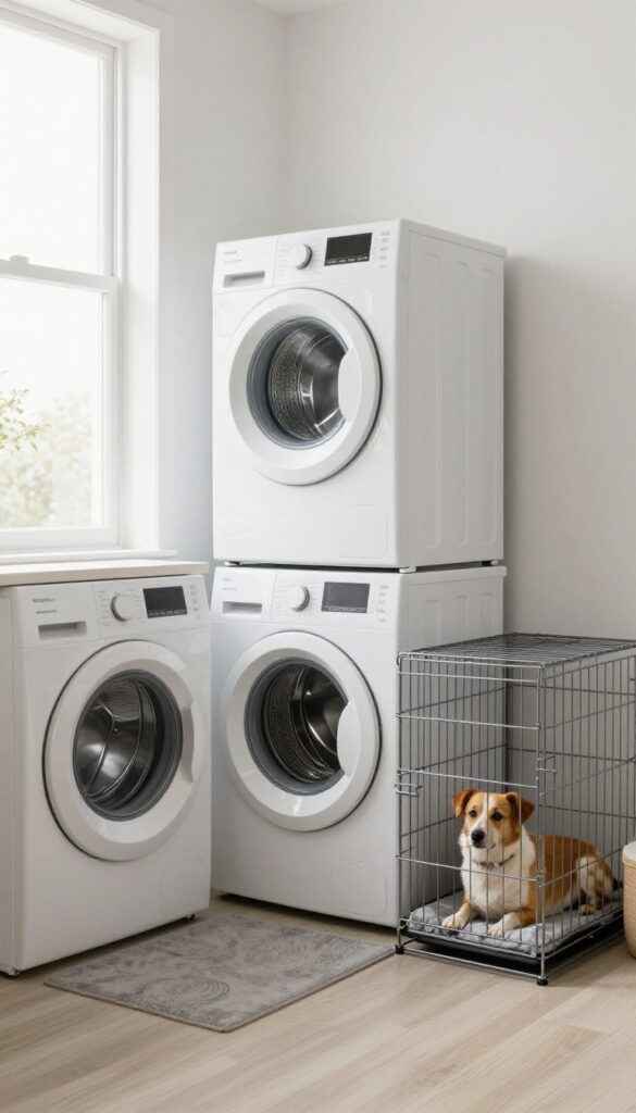 Stackable washer and dryer with a slim dog crate tucked into the side gap, small dog resting inside, bright laundry room.