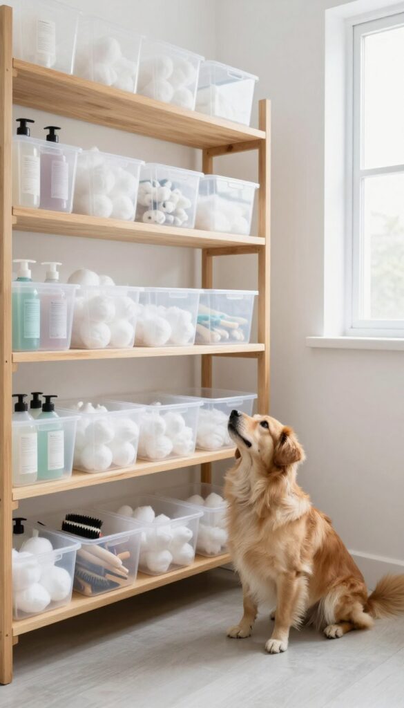 Clear stackable bins on a shelf in a dog grooming room filled with grooming supplies, with a dog sitting nearby.