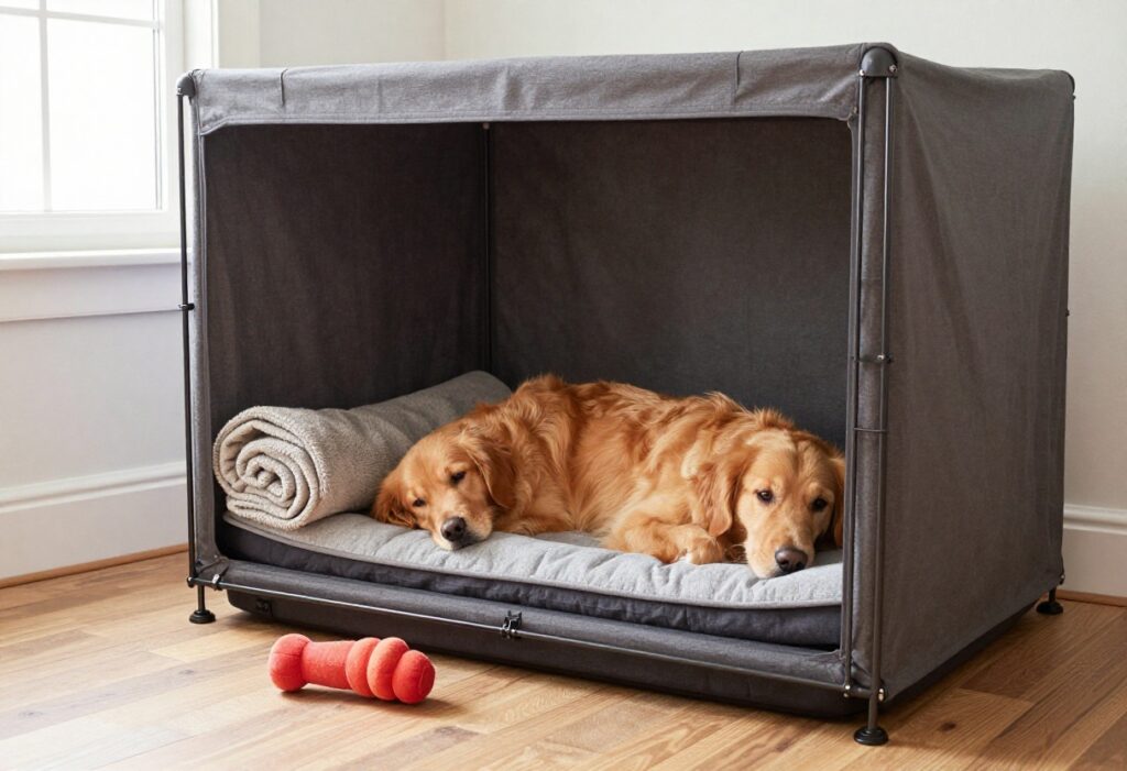 Cozy dog crate setup with bedding and a relaxed golden retriever inside
