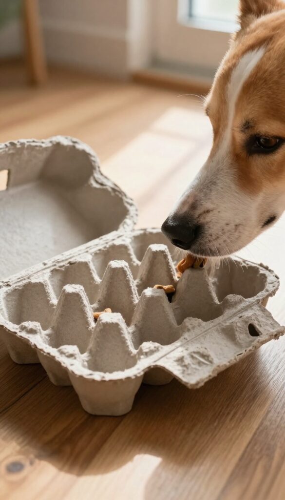 Dog sniffing and pawing at an open egg carton with treats inside on a wooden floor