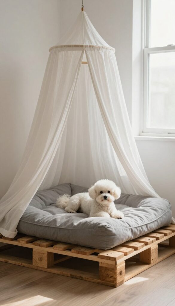 Raised pallet dog bed with white canopy in a bright living room, small white dog resting inside