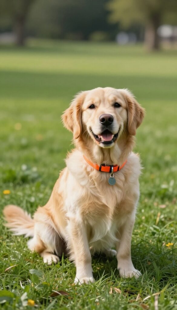 A friendly golden retriever named Milo sitting on grass in a sunny park, wearing a bright orange collar with a tag.
