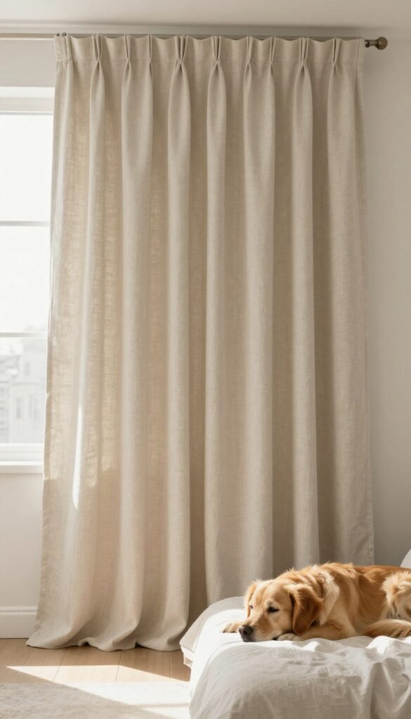 A curtained alcove kennel with a dog resting inside, blending into decor