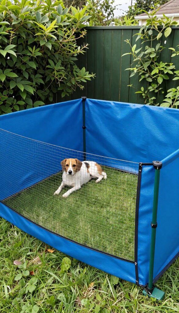 A budget dog run made with garden fencing and a tarp in a backyard, with a dog lying inside.