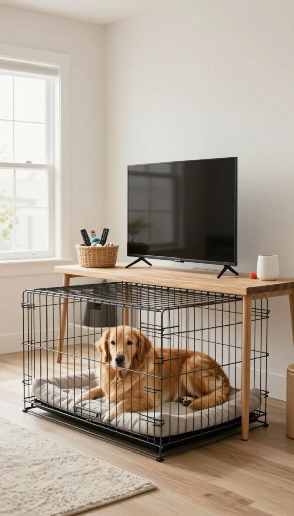 Low console table placed over a large wire dog crate with TV on top, golden retriever inside