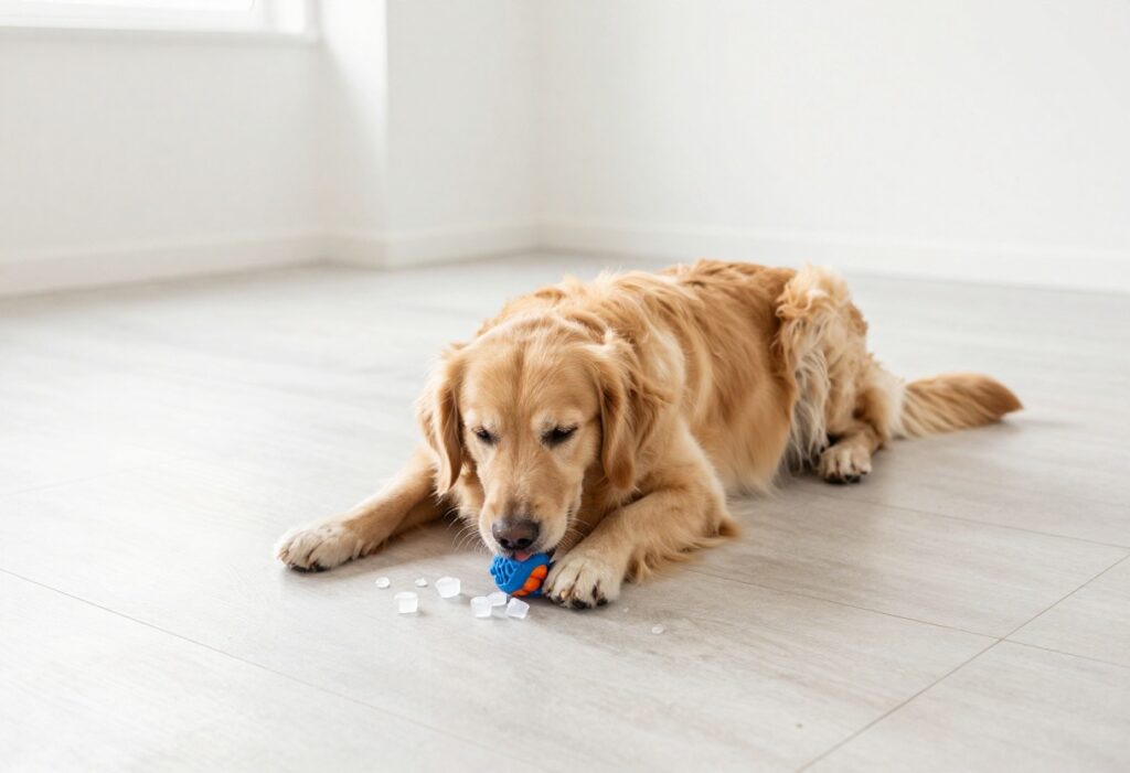 Golden retriever enjoying a frozen Kong on a cool tile floor
