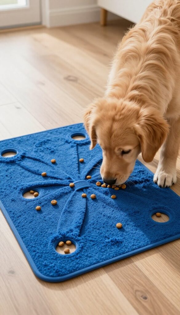 DIY snuffle mat for dogs made from fleece strips on a rubber mat with kibble, golden retriever puppy sniffing
