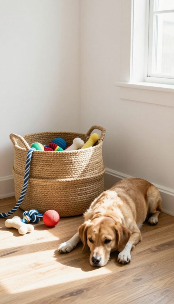 Dog kennel room with a decorative toy basket filled with toys and a dog resting beside it