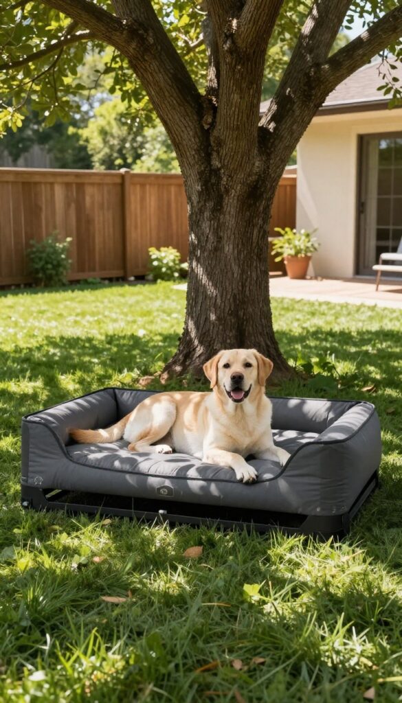 Dog resting on an elevated outdoor bed in a shady backyard spot