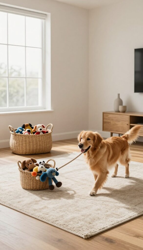 Dog pulling toy from woven basket in bright living room