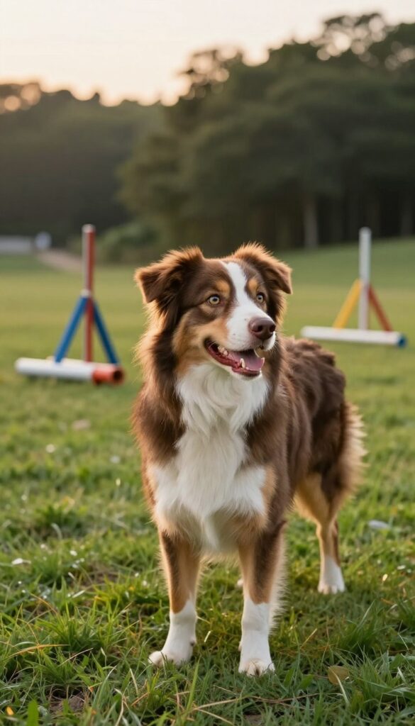 Australian Shepherd dog standing on grassy hill with agility jump in background, golden hour lighting