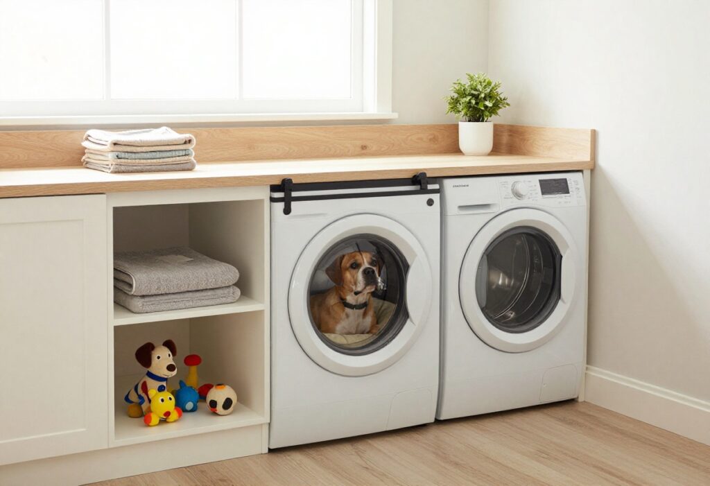 Laundry room with built-in dog kennel and hidden storage drawers