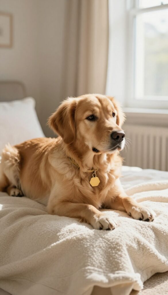 A golden retriever with a honey-colored coat lying on a cream blanket next to a gold collar with a honeycomb tag in warm natural light.
