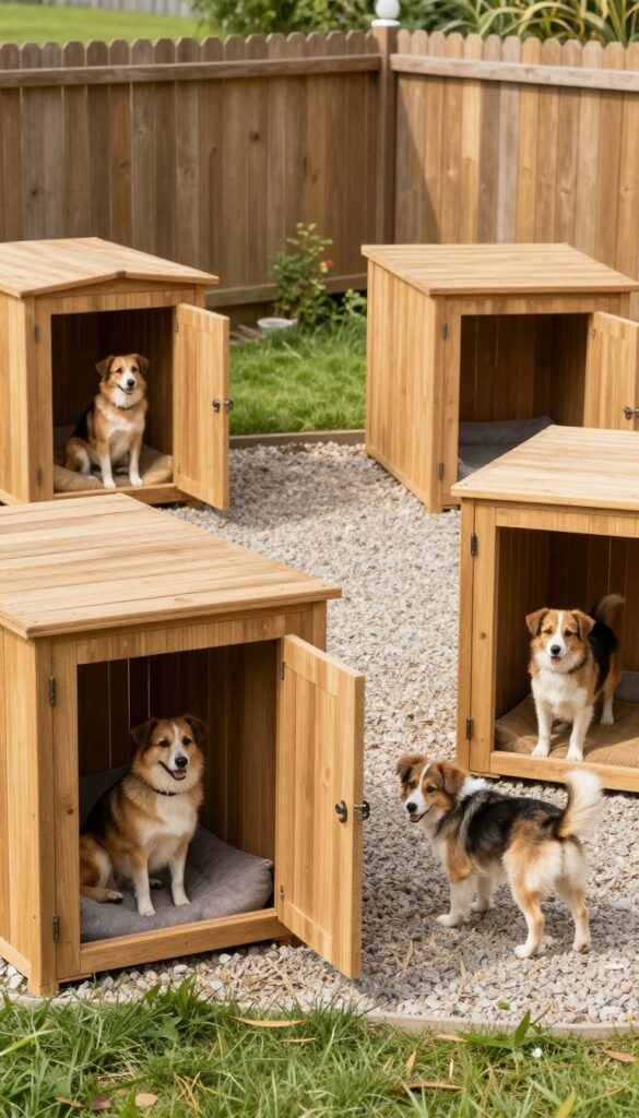 Multi-dog kennel with separate compartments in a sunny backyard, each with its own entrance and bed, dogs relaxing and playing in shared run.